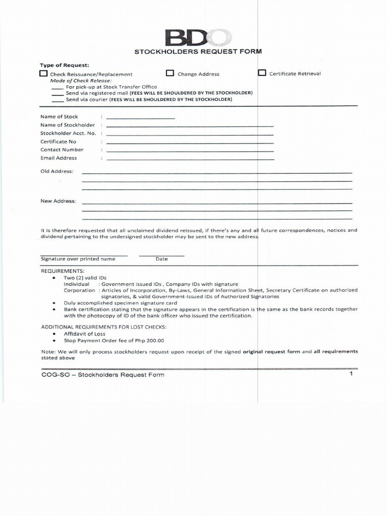 BDO stock trnsfer Shareholder Request Form PDF