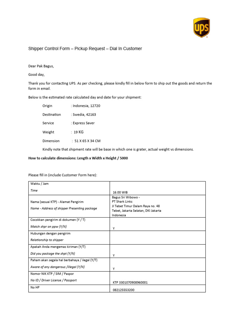 Pickup Request Dial in Customer PDF Service Industries