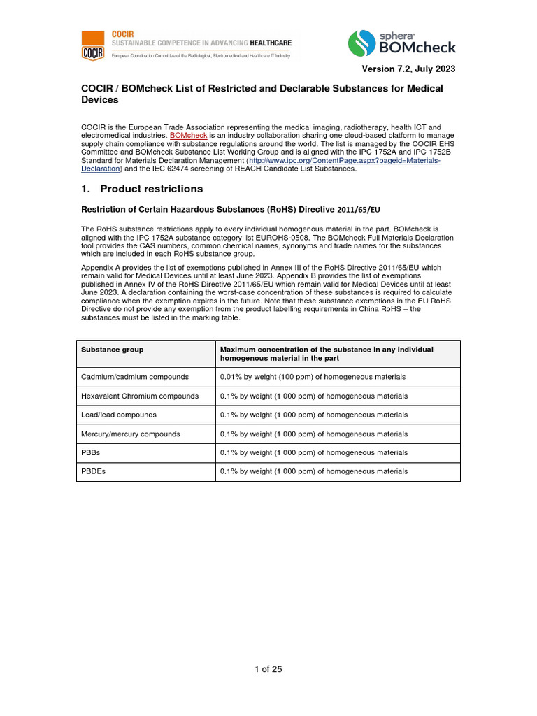 COCIR List of Restricted and Declarable Substances For Medical Devices