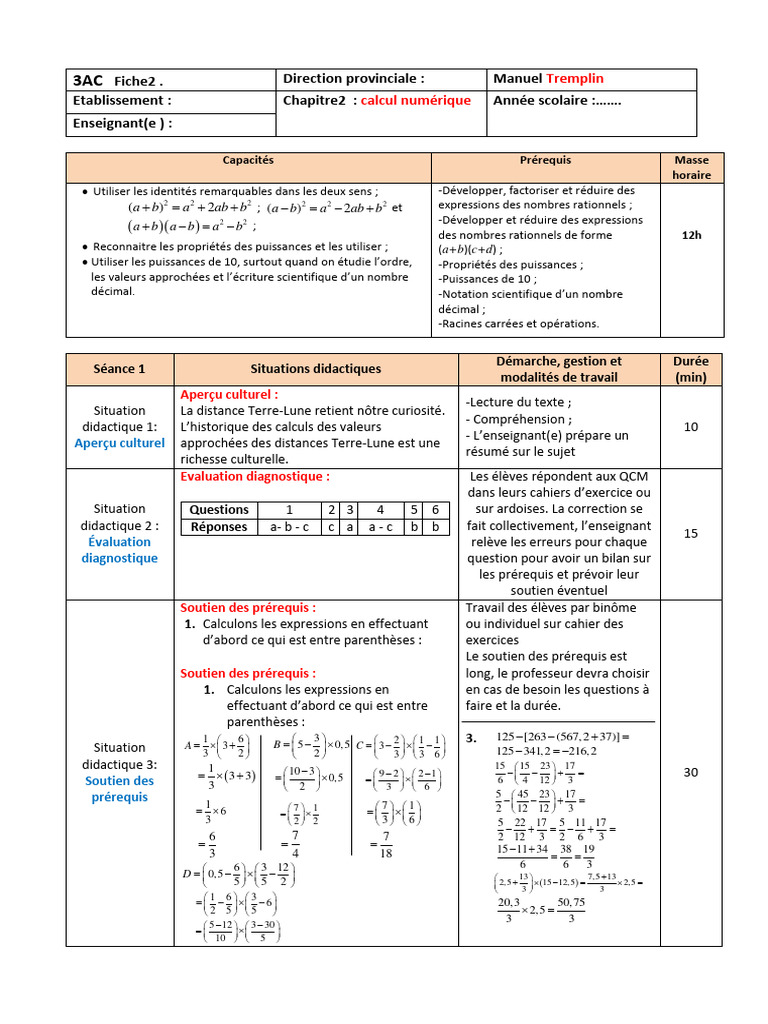 Fiche Pédagogique Math 2AC | PDF | Mathématiques