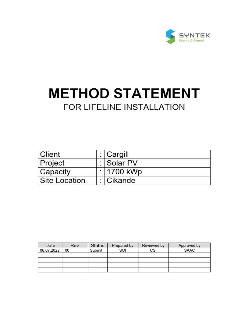 Lifeline Installation Method Statement | PDF | Personal Protective ...