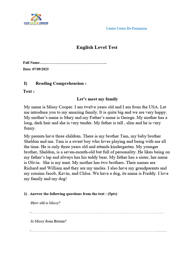 english grammar test for kids pdf