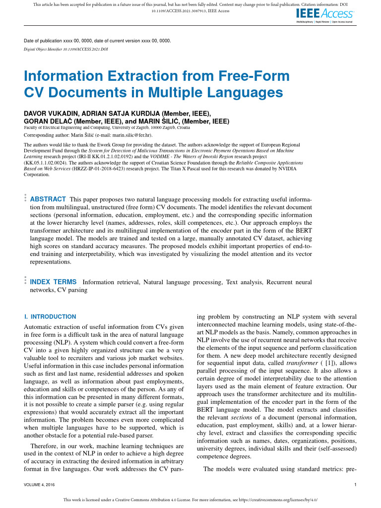 Information Extraction From Free-Form CV Documents | PDF | Cybernetics ...