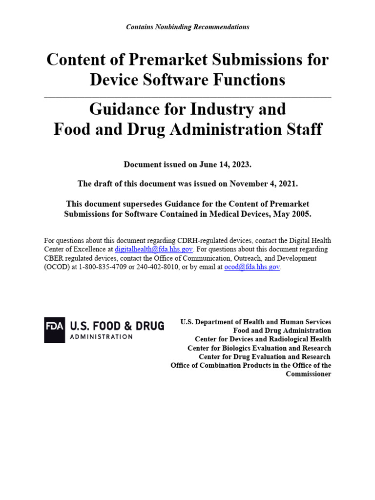 Premarket Software Functions Guidance PDF Federal Food Machine