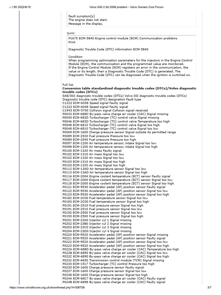 Volvo ECM Diagnostic Trouble Codes | PDF | Throttle | Engine Technology