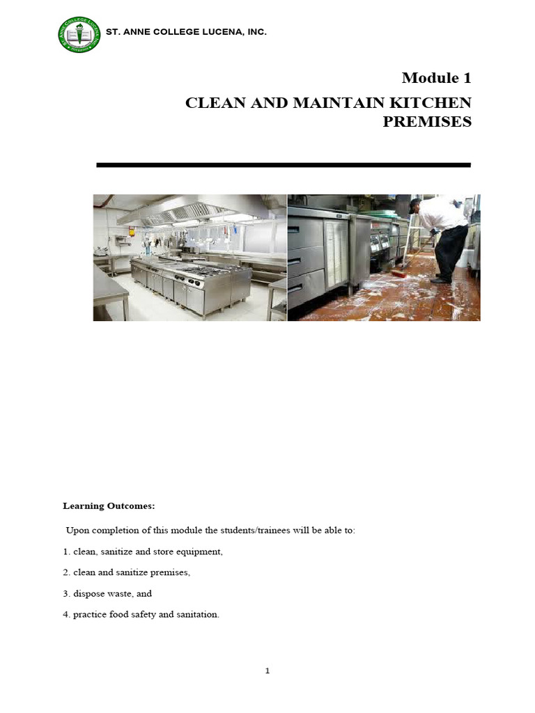 Module 1 Clean and Maintain Kitchen Premises PDF Foodborne Illness