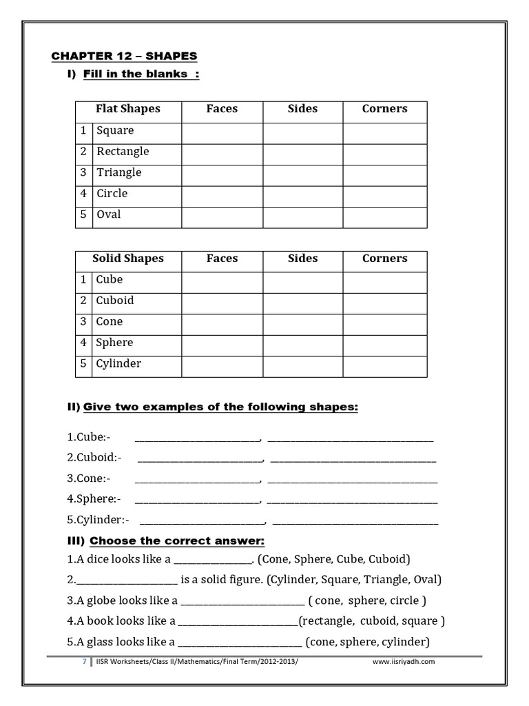 CBSE Class 2 Maths Practice Worksheets (124) - Shapes | PDF | Shape