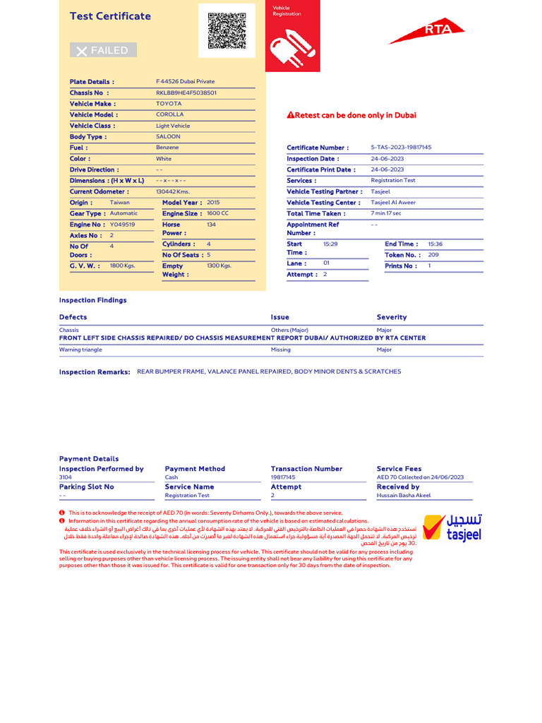 RTA Inspection Certificate AFter Repair PDF Vehicles Rear Wheel Drive Vehicles