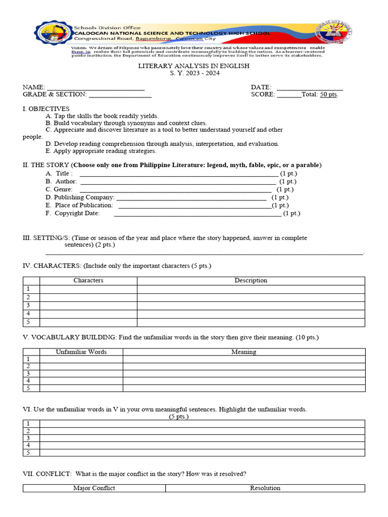 Literary Analysis English 7 | PDF | Reading Comprehension | Written