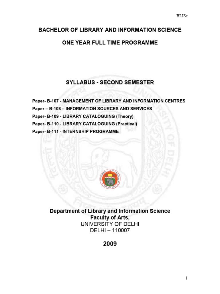 BLISc Second Semester Syllabus | PDF | Libraries | Library Science