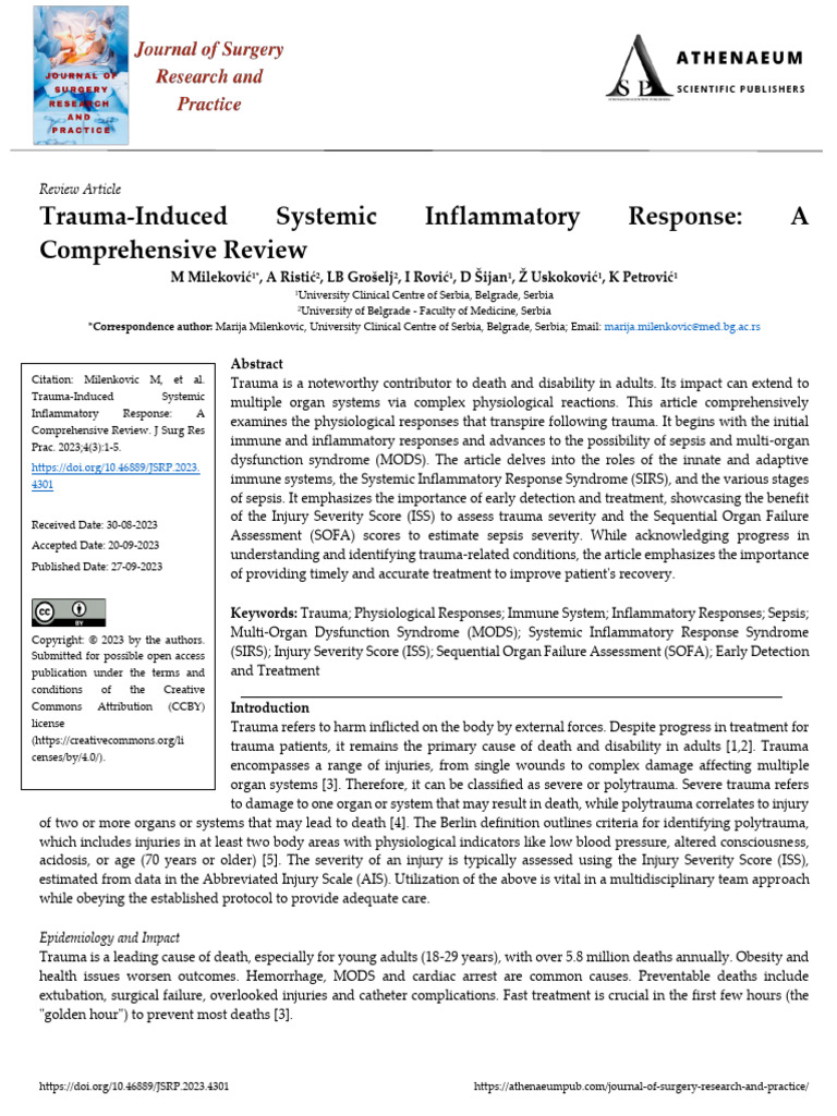 Trauma Induced Systemic Inflammatory Response A Comprehensive Review ...
