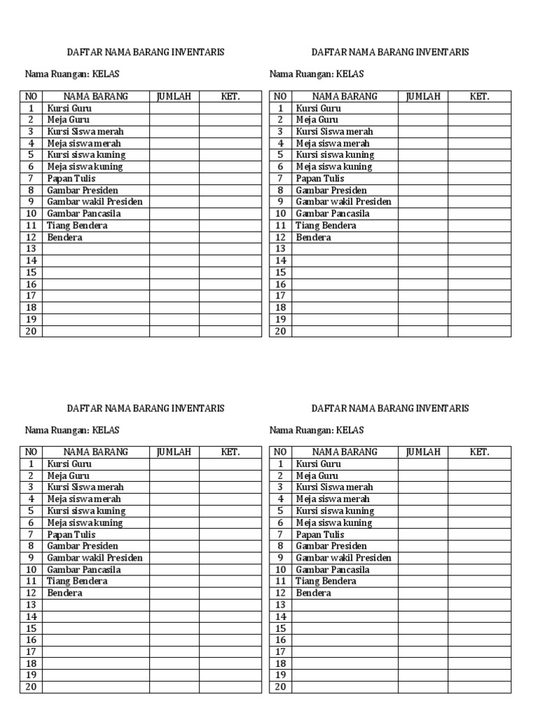 Daftar Nama Barang Inventaris Daftar Nama Barang Inventaris