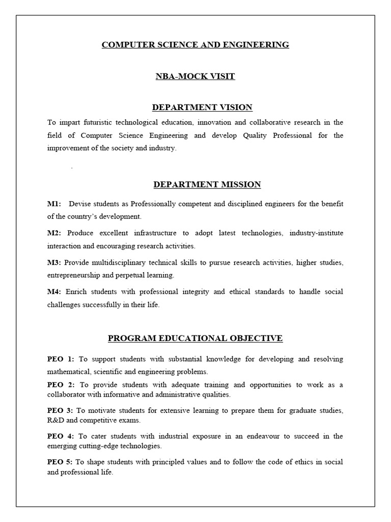CSE Vision Mission PEO PSO PO | PDF | Engineering | Science