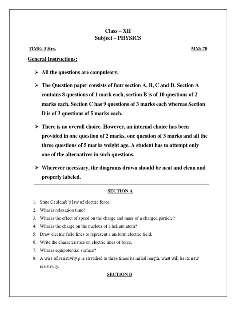 Class 12 Physics Exam Question Paper | PDF | Electric Current | Capacitor