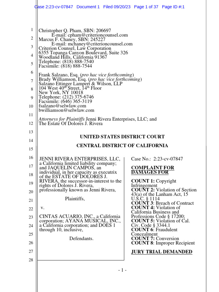 Jenni Rivera Estate Vs Cintas Acuario PDF Legal Remedy Lawsuit