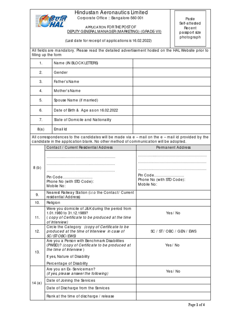 HAL Deputy General Manager Application Form | PDF | Government