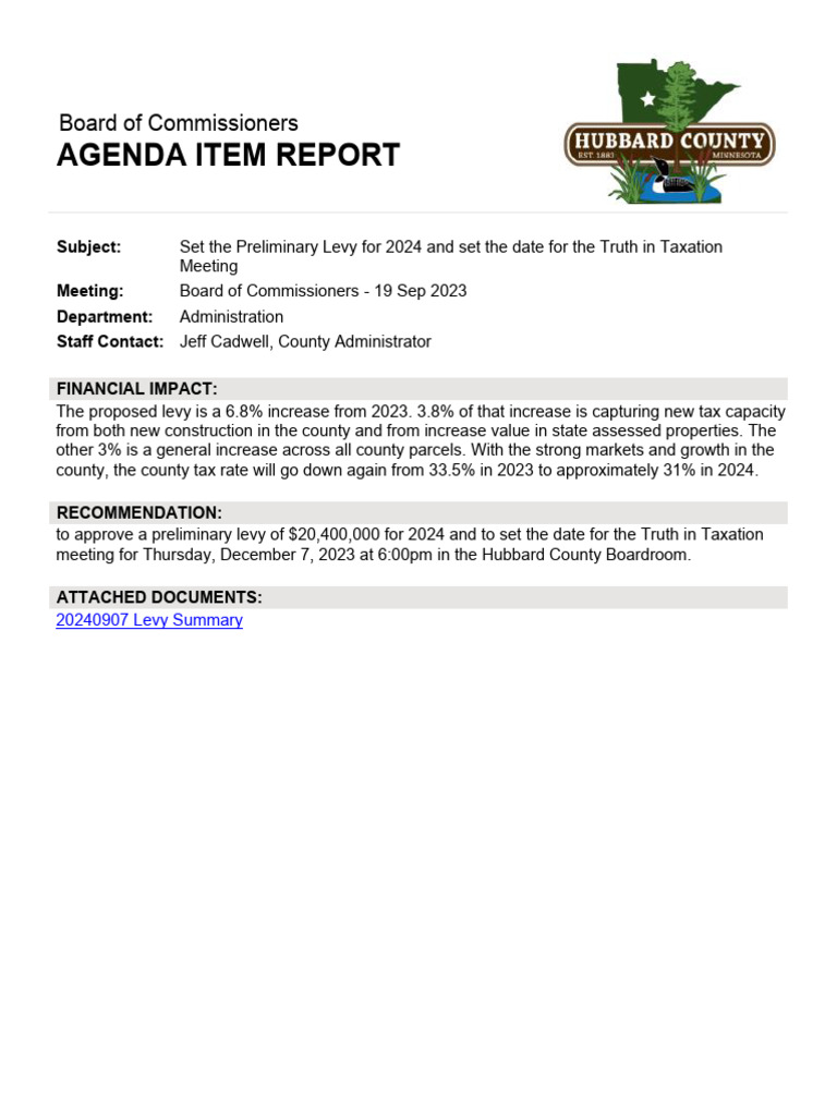 Hubbard County Payable 2024 Preliminary Levy Chart PDF Taxes
