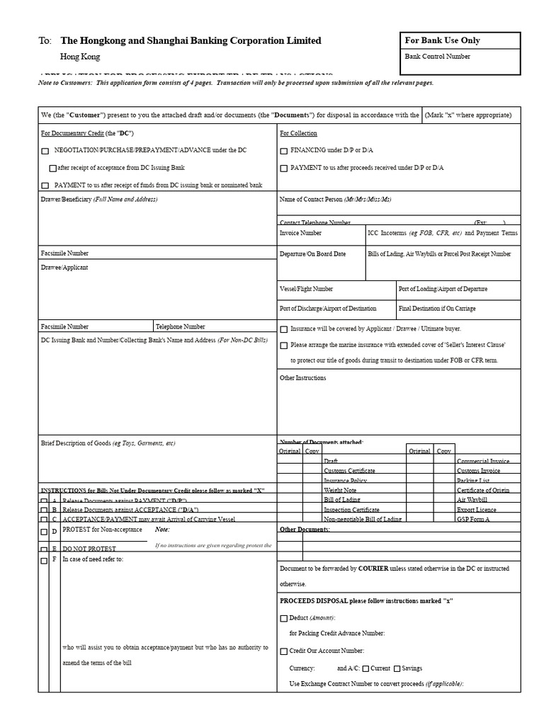 HSBC Export Trade Transaction Application | PDF | Banks | Indemnity