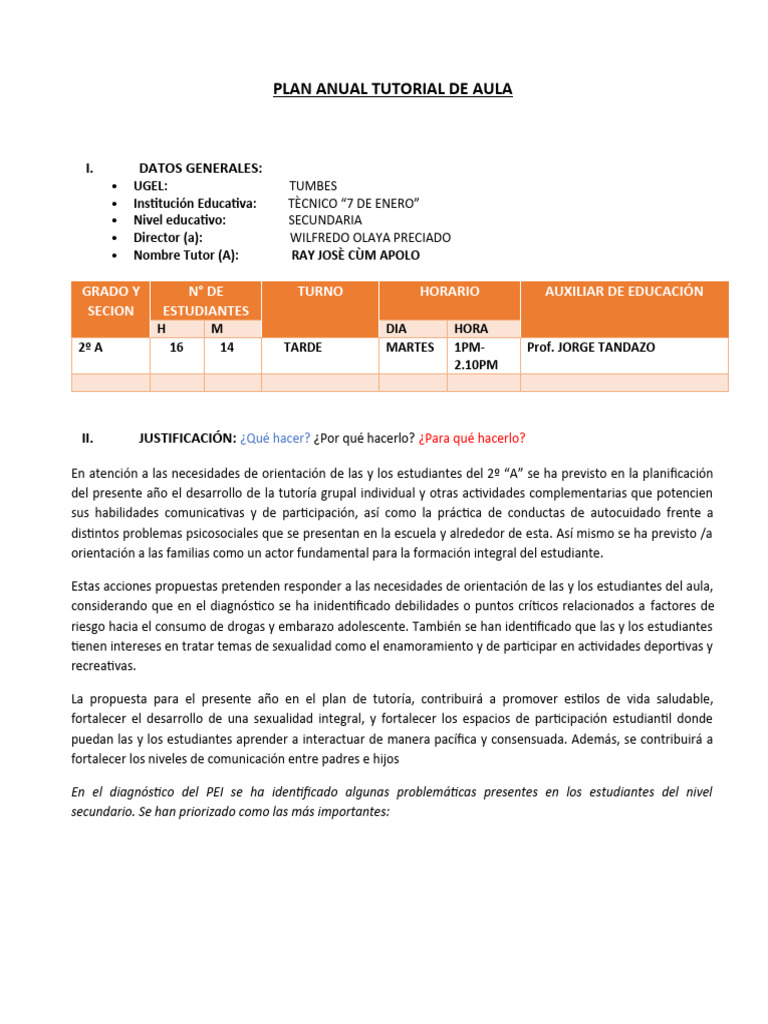 Esquema de PLAN ANUAL TUTORIAL DE AULA | PDF | Salón de clases | Enseñando