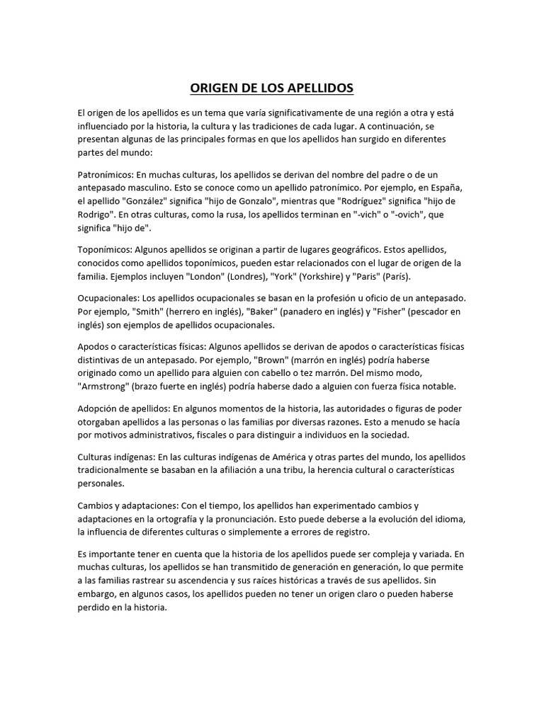Origen de Los Apellidos PDF Apellido Idioma en Inglés