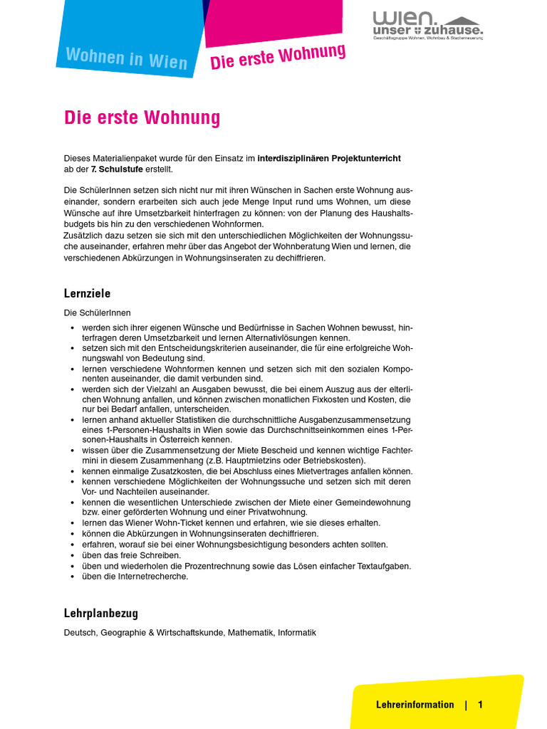 Die Erste Wohnung Lehrerinfo