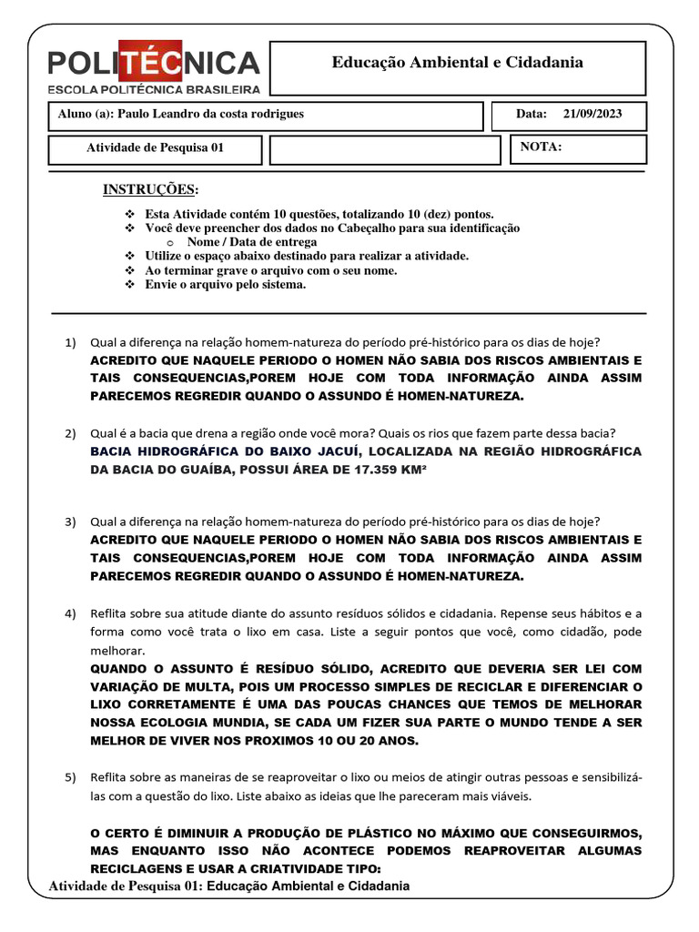 Atividade de Pesquisa 01 - Educação Ambiental e Cidadania | PDF ...