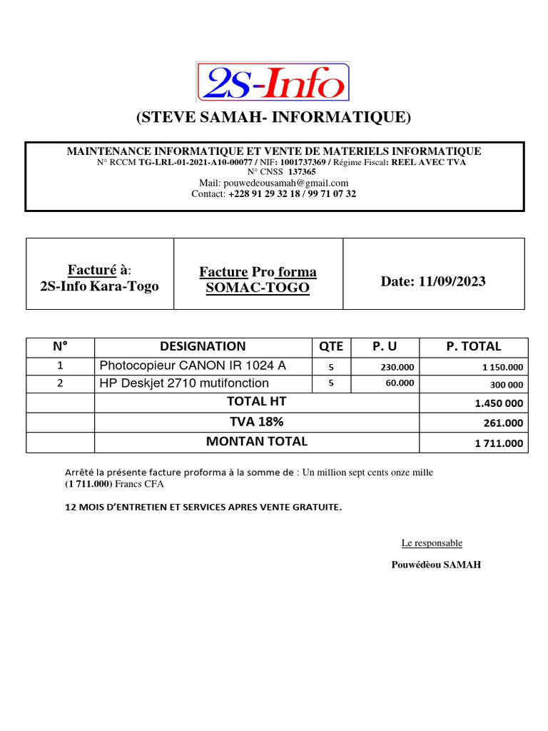 Facture Pro Forma pour 2S-Info Kara | PDF | Affaires