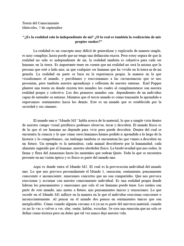 Ensayo de los 3 mundos Popper PDF Realidad Pensamiento