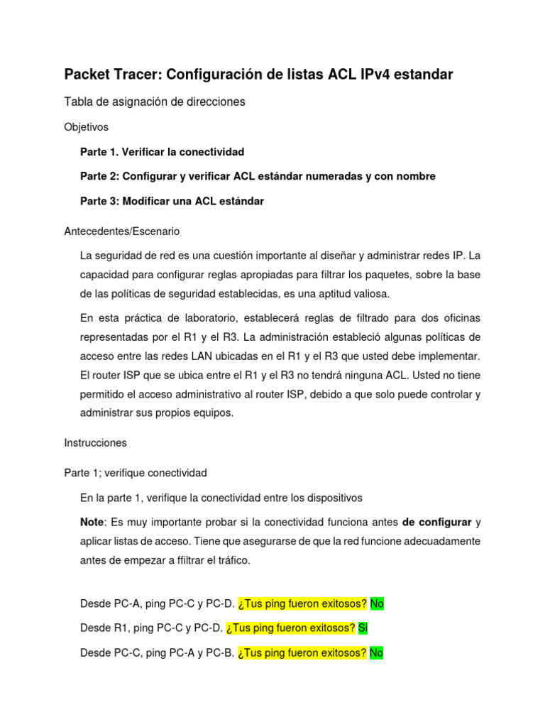 Configuración de ACL IPv4 Estándar en Packet Tracer | PDF | Enrutador ...