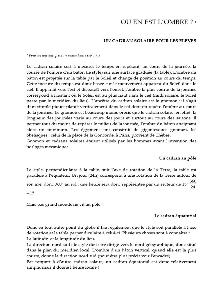 Cadran solaire principe et fabrication PDF Heure Longitude — free download