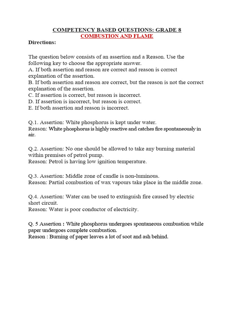 Assertion reasoning type questions combustion pdf
