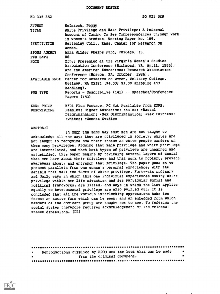 Peggy McIntosh, White Privilege | PDF | Race (Human Categorization ...