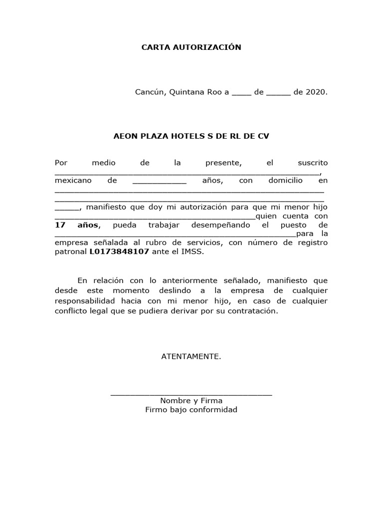Carta Autorización Para Menores Pdf