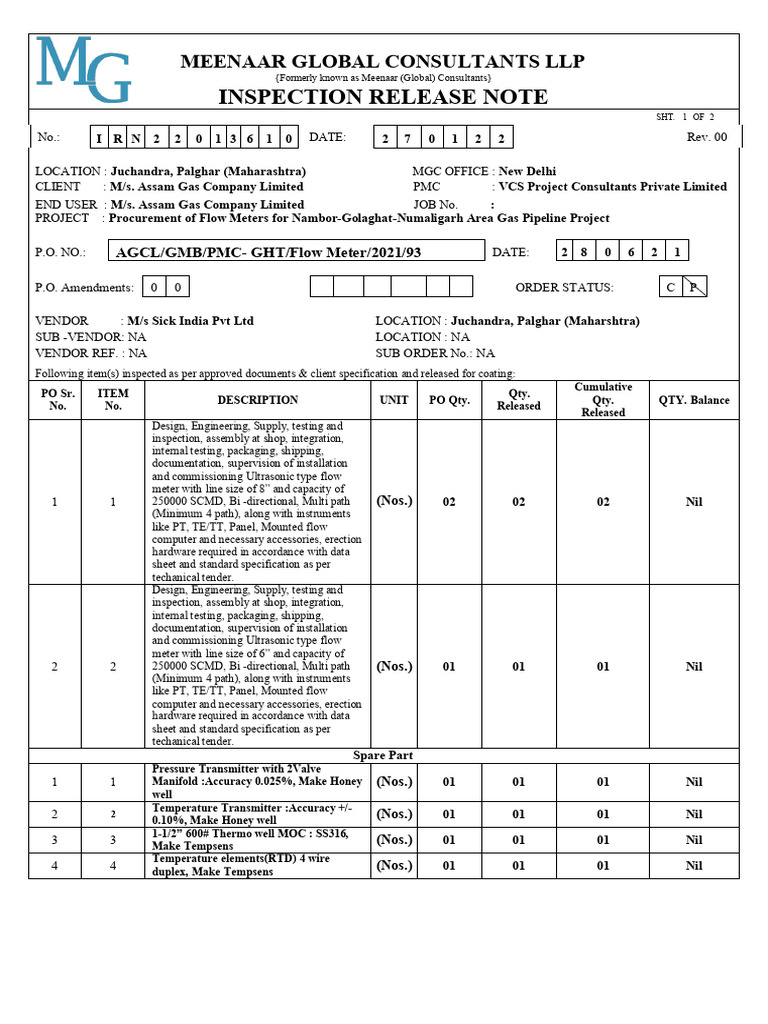 Inspection Release Note for Flow Meters | PDF