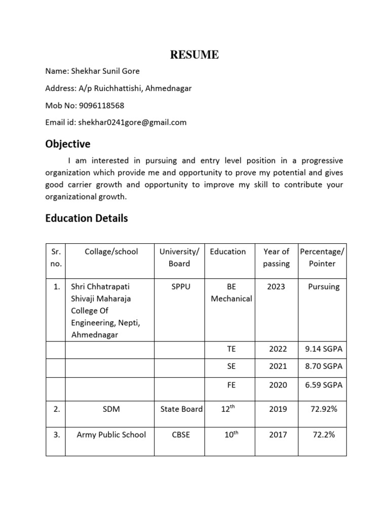 Shekhar Gore's Engineering Resume | PDF | Engineering