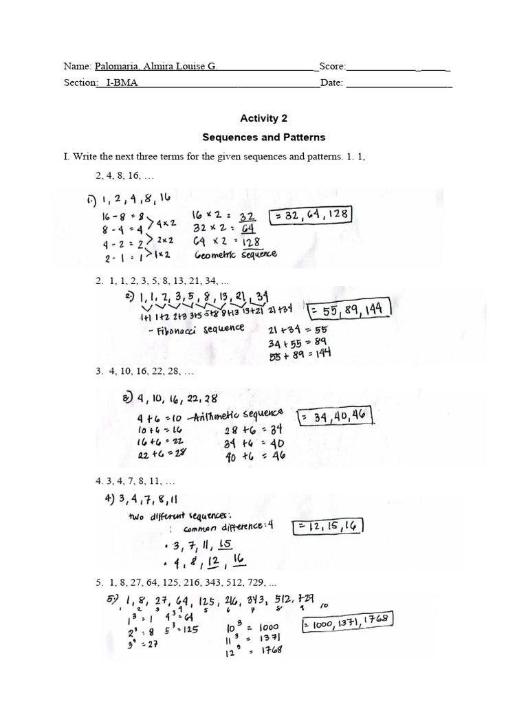 Sequences and Patterns Exercises | PDF | Mean | Elementary Mathematics