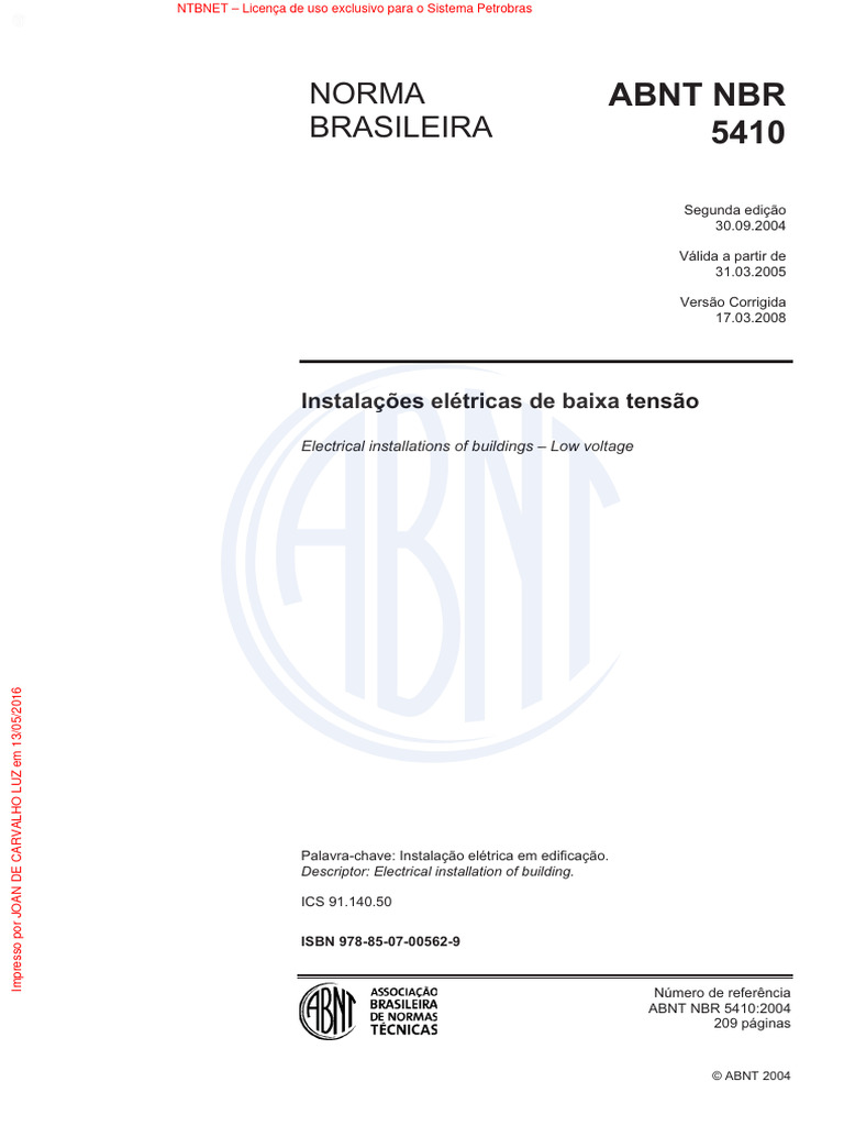 NBR 5410 | PDF | Fiação elétrica | Eletricidade