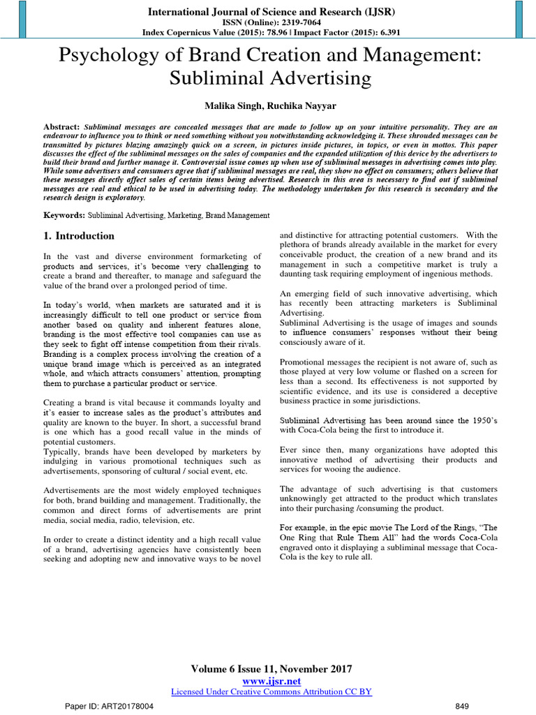 Psychology Of Brand Creation And Management Subliminal Advertising