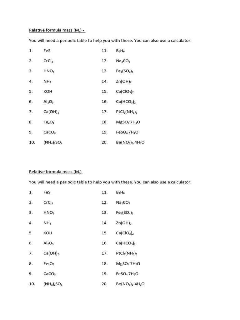 Relative Formula Mass Worksheet 2 PDF