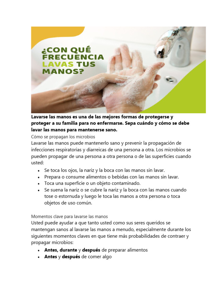 Importancia y pasos del lavado de manos | PDF | Lavado de manos ...
