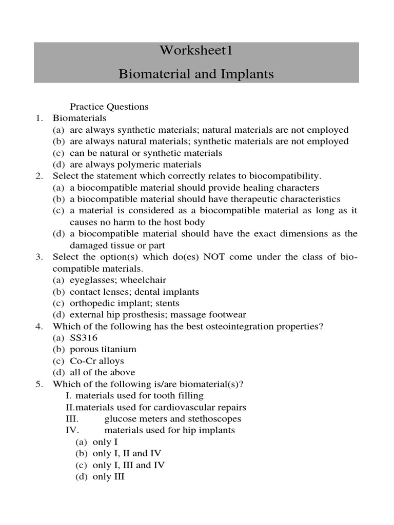 Practice Questions Biomaterials and Implants PDF Biomaterial