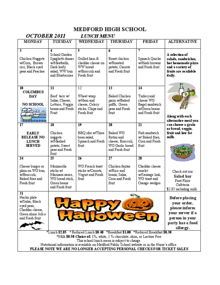 Medford High School October Lunch Menu | PDF