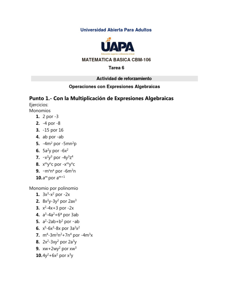 Operaciones con Expresiones Algebraicas | PDF | Métodos y materiales de ...