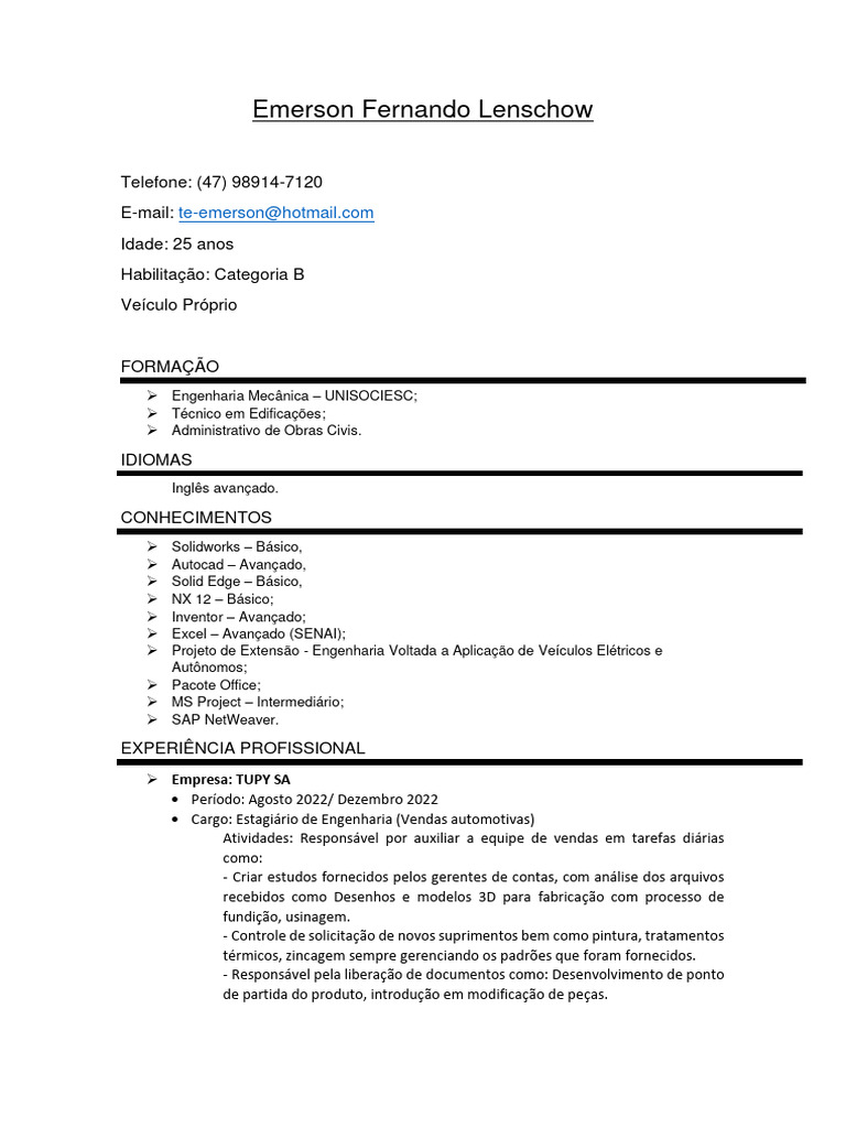 Curriculo Emerson Lenschow PDF Engenharia Business