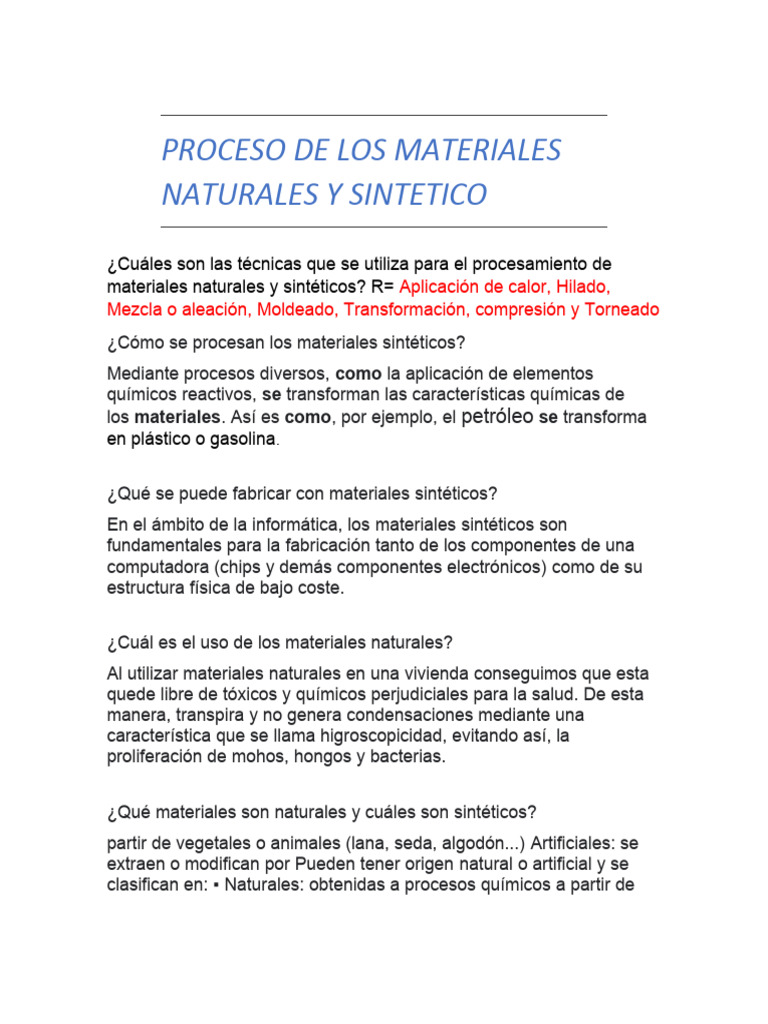 Proceso de Los Materiales Naturales y Sintetico | PDF | El plastico ...