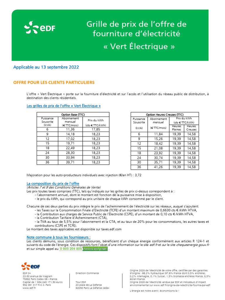 Grille tarifaire électricité verte EDF PDF Taxe sur la valeur — free download