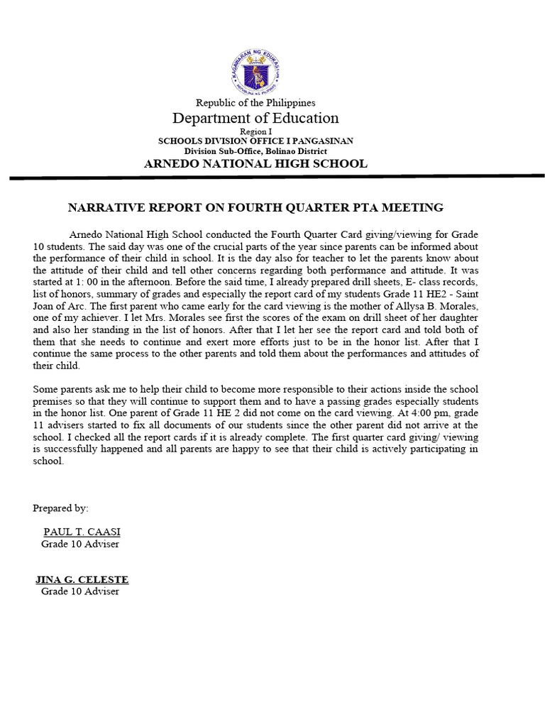 Narrative Report (PTA) PDF Social Institutions Family