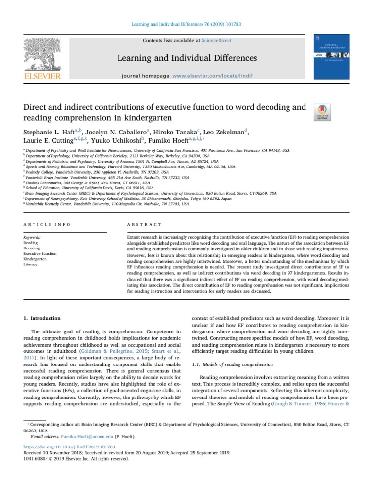 Executive Function's Role in Kindergarten Reading | PDF