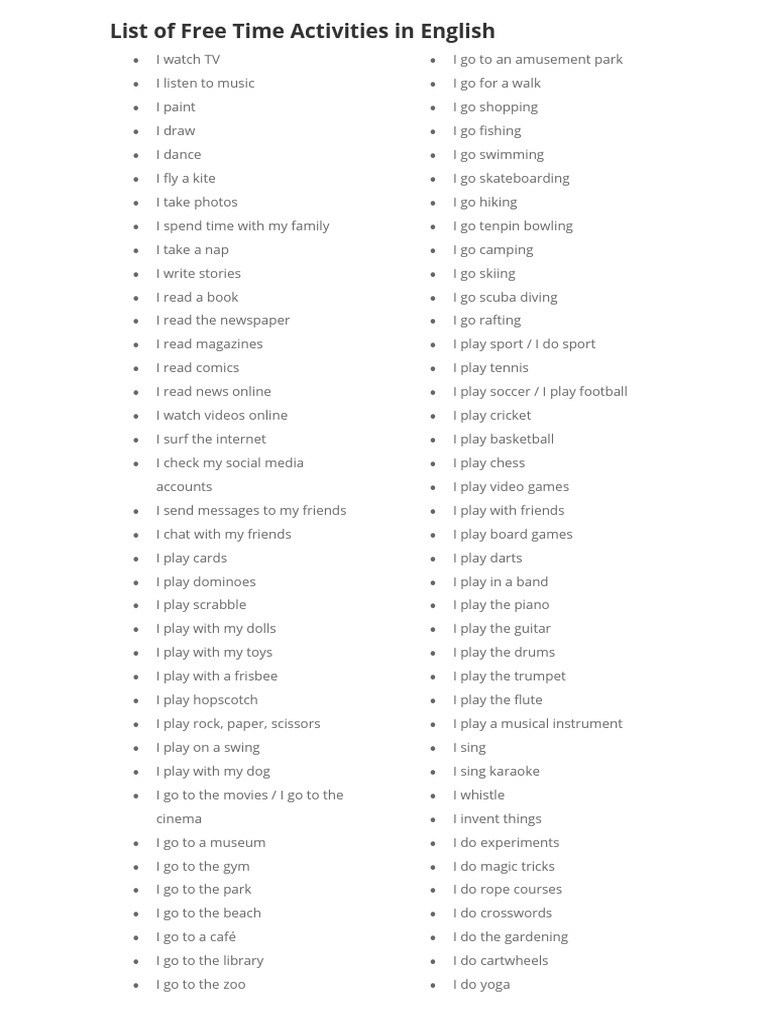 Free Time Activities List in English | PDF