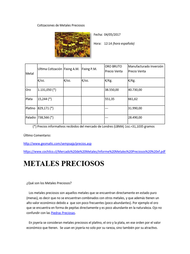 Cotizaciones y Usos de Metales Preciosos | PDF | Metales preciosos ...